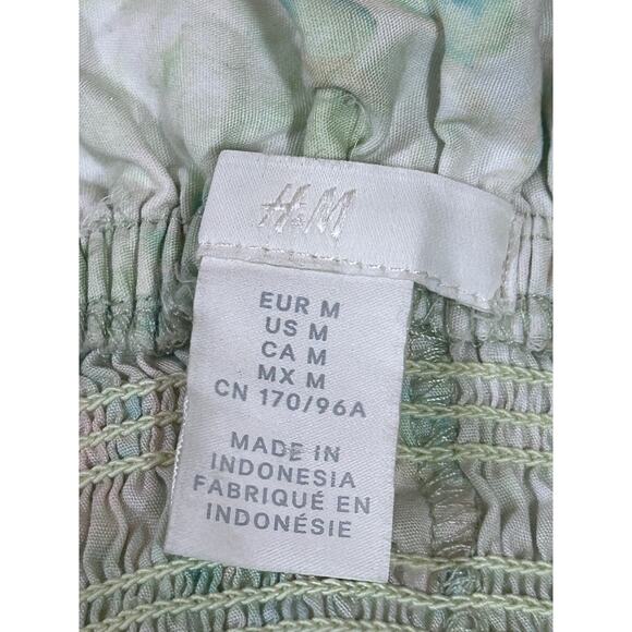 H&M Smocked Bodice Sundress M Light Green Floral Midi WovenCotton Unlined Boho - Picture 5 of 8